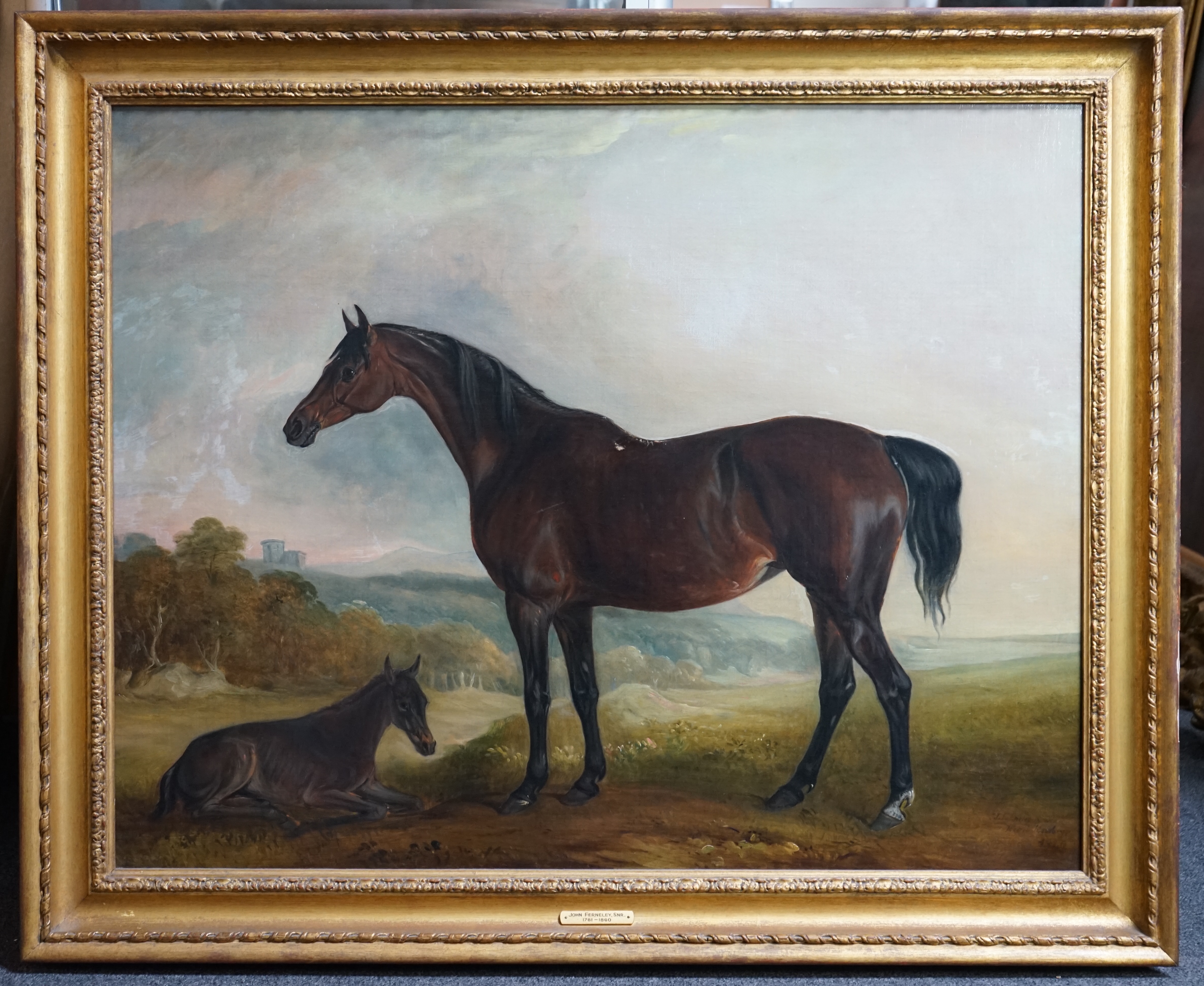 John Ferneley Snr. (British, 1781-1860), Portrait of a bay mare and foal in a landscape, oil on canvas, 70 x 89cm